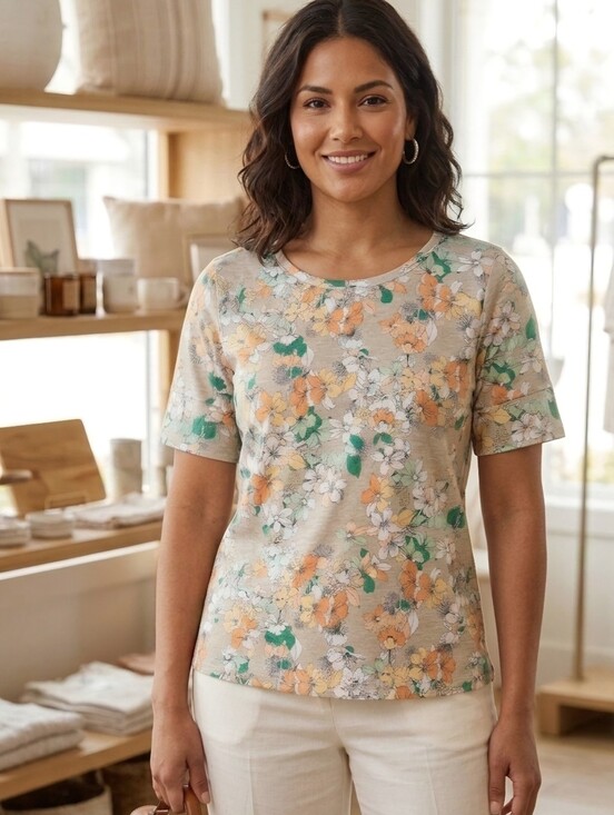 Liz Claiborne Tops - Liz Claiborne Floral Short Sleeve Tee in Beige, Orange & Green